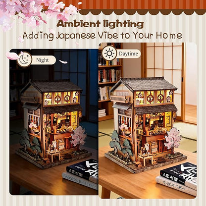 Soothee Japanese DIY Book Nook Kit with LED Lights - 3D Puzzles for Adults & Teens, Miniatures for Bookshelf Decor, Relaxing Craft & Unique Gift for Craft Lovers (Yakitori Grill House)