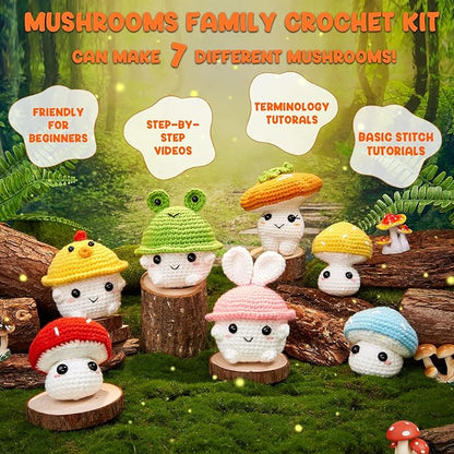 MAGIMUSE Crochet Kit for Beginners, Crochet Starter Kits for Adults Amigurumi Craft Knitting Crocheting Kits with Step-by-Step Video Tutorials, Mushroom Family(40%+ Yarn