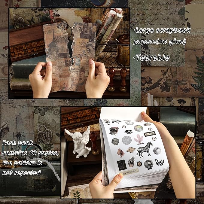 Prstincol Vintage Aesthetic Washi Stickers and Papers for Scrapbooking, 40 Sheets Ephemera Book for Art Journaling with Flower Butterfly Beauty Theme Stickers and Decoupage Papers for Junk Journal