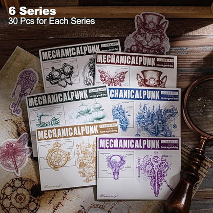 AuriicLeaf Retro Steampunk Washi Stickers, 180 Pcs Mechanical Ephemera for Scrapbooking, Journaling, DIY Crafts, and Art Supplies