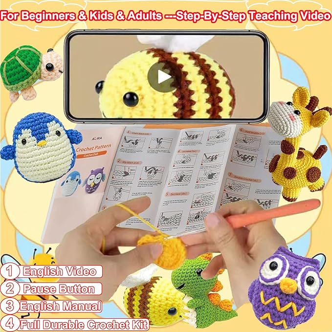 6PCS Crochet Kit for Beginners, Beginners Knitting Kit for Adults, Cute Animals Complete Starter Kit with Step-by-Step Video Tutorials and Instructions, Christmas Gifts for Adults and Friends