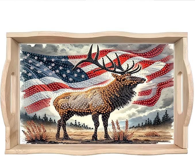 DoxQcs DIY Diamond Art Wooden Tray Kit Easter Food Tray with Handle Diamond Painted Table Decoration Tray for Breakfast Bar Dinner Table Diamond Art Painting for Beginners-#05-USA Moose