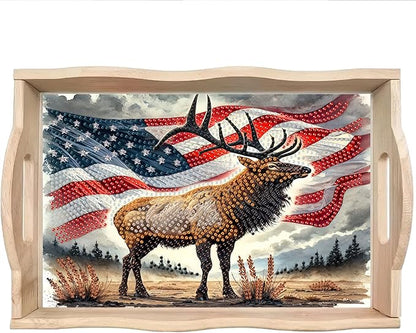 DoxQcs DIY Diamond Art Wooden Tray Kit Easter Food Tray with Handle Diamond Painted Table Decoration Tray for Breakfast Bar Dinner Table Diamond Art Painting for Beginners-#05-USA Moose