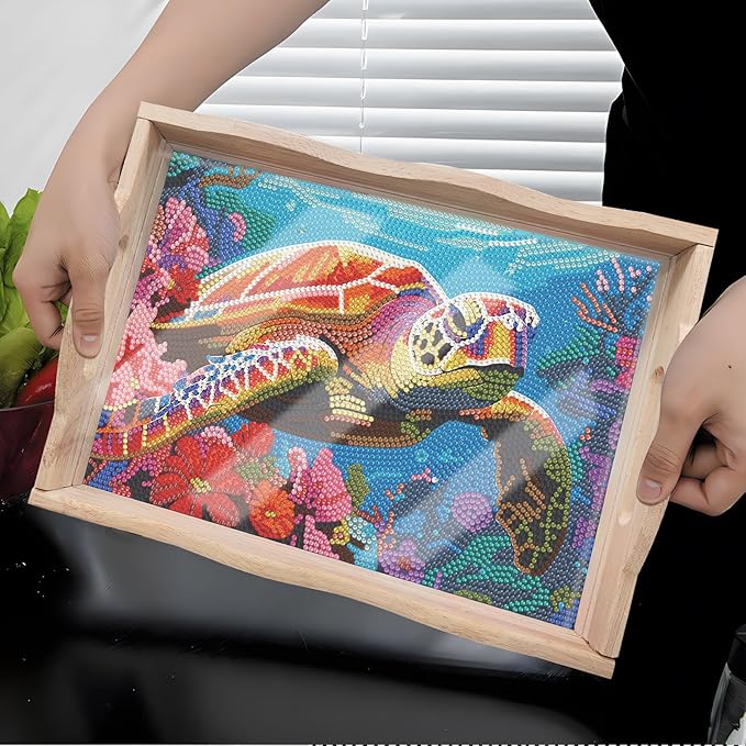 FGbaby DIY 5D Sea Turtle Diamond Painting Wood Serving Tray with Handles Diamond Art Decorative Serving Trays Wooden Tray for Breakfast in Bed, Patio, BBQ, Coffee Table, Party –Great for Lap & Couch