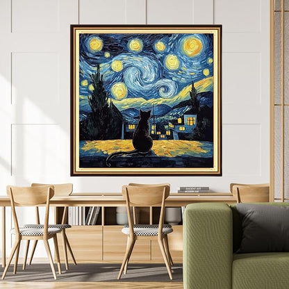 Dimensean Stamped Cross Stitch Kits Full Range of Embroidery Patterns Starter Kits for Beginners Adult DIY Cross Stitches Needlepoint Kits 11CT-Van Gogh Starry Cat 18x18 inch