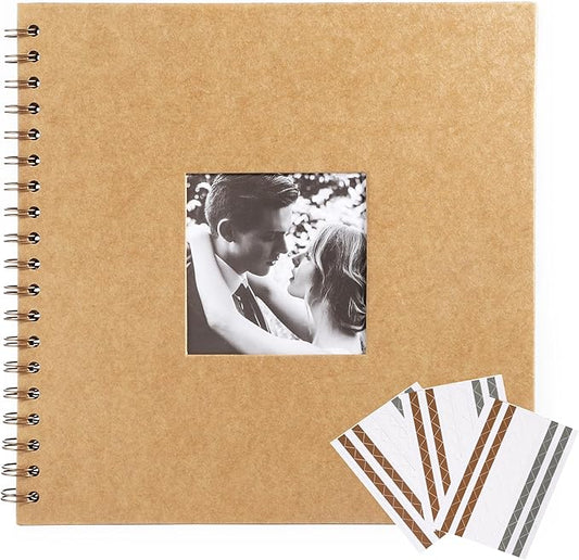 MEMOTOR Scrapbook 10 x 10 Inch DIY Square Photo Window + 3 Corner Stickers, Photo Album Hardcover Kraft Paper Brown 20 Sheets/ 40 Pages