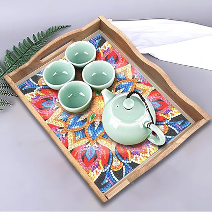 DIY Art Painting Wooden Tray Kit, Food Tray with Handle Diamond Painted Table Decoration Tray, for Breakfast, Bar Dinner Table Diamond Dots Gem Painting Art Set for Beginners (#23-Mandala)