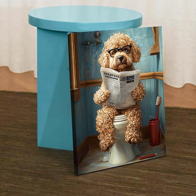 WENGTIAO Funny Dog Framed Canvas Wall Art Brown Poodle On Toilet Reading Newspaper Print Poster Humor Animal Bathroom Painting Pictures Dog Lovers Restroom Artwork for Home Washroom 16x24in