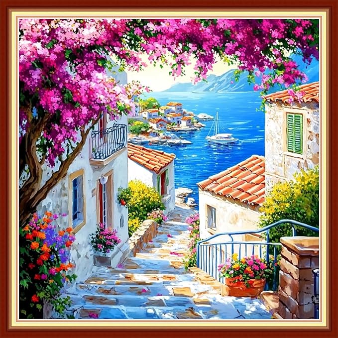 Fanxvivy Stamped Cross Stitch Kits for Beginners Full Range of Cross Stitching Preprinted Embroidery Kits for Adults, 11CT Embroidery Pattern Needlepoint Kits-Seaside Scenery 18x18 inch