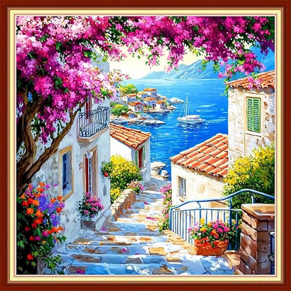 Fanxvivy Stamped Cross Stitch Kits for Beginners Full Range of Cross Stitching Preprinted Embroidery Kits for Adults, 11CT Embroidery Pattern Needlepoint Kits-Seaside Scenery 18x18 inch