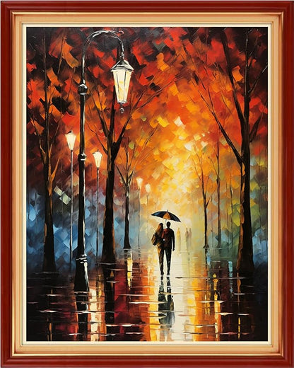 Foxhool Stamped Cross Stitch Kits,11CT Printed Cross Stitch Pattern Full Embroidery Kits for Beginner Needlepoint Kits-Couples Strolling on Rainy Nights 16x20 inch