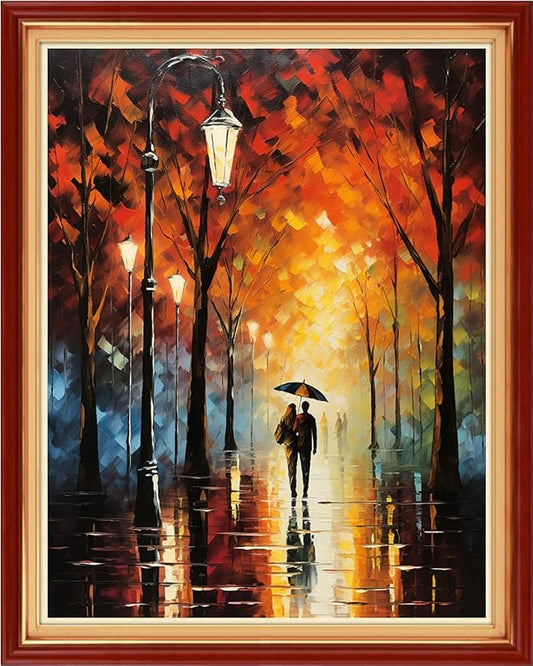 Foxhool Stamped Cross Stitch Kits,11CT Printed Cross Stitch Pattern Full Embroidery Kits for Beginner Needlepoint Kits-Couples Strolling on Rainy Nights 16x20 inch