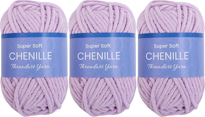 Threadart 3 Pack Super Soft Chenille Yarn - 50 Gram 60 Yds #5 Fluffy Yarn Skeins - Lavender