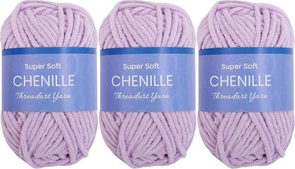 Threadart 3 Pack Super Soft Chenille Yarn - 50 Gram 60 Yds #5 Fluffy Yarn Skeins - Lavender
