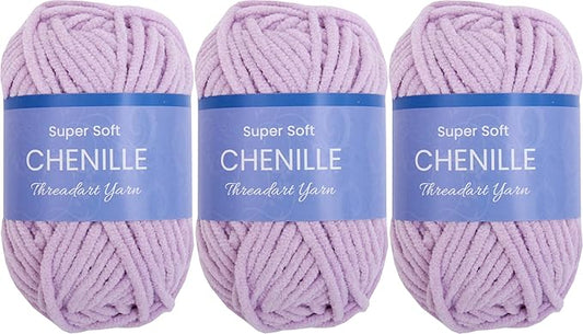 Threadart 3 Pack Super Soft Chenille Yarn - 50 Gram 60 Yds #5 Fluffy Yarn Skeins - Lavender