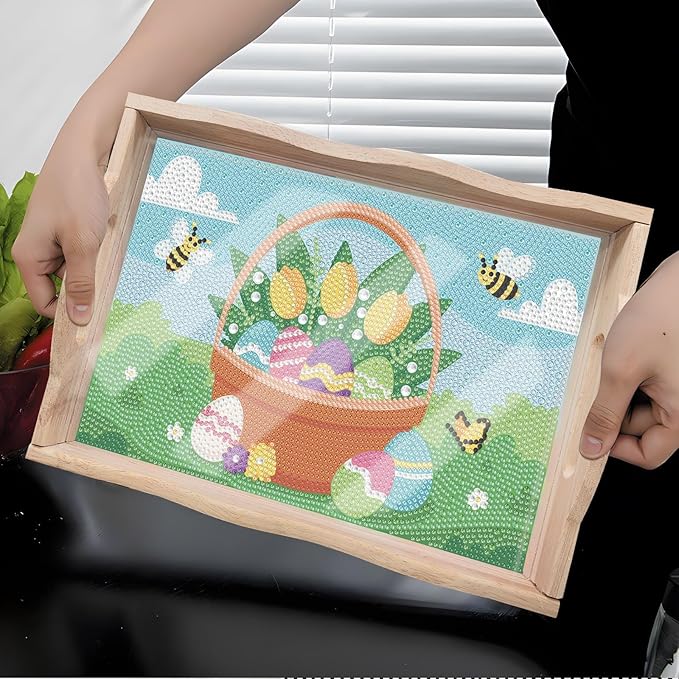 DIY Art Painting Wooden Tray Kit with Handle - Diamond Painted Table Decoration for Breakfast, Bar, Dinner - Beginner Art Set (#35-Easter Eggs)