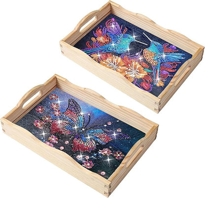 DIY Diamond Art Wooden Tray Kit, Food Tray with Handle Diamond Painted Table Decoration Tray, for Breakfast, Bar Dinner Table Diamond Dots Gem Painting Art Set for Beginners-#26-2PC