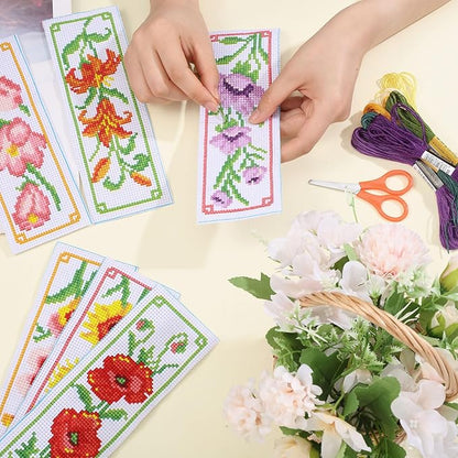 ORIGACH 6 Set Flowers Cross Stitch Bookmark Kit for Beginner with Backing Felt Floss Instructions DIY Stamped Embroidery Bookmark Kit for Adults, Book Lovers