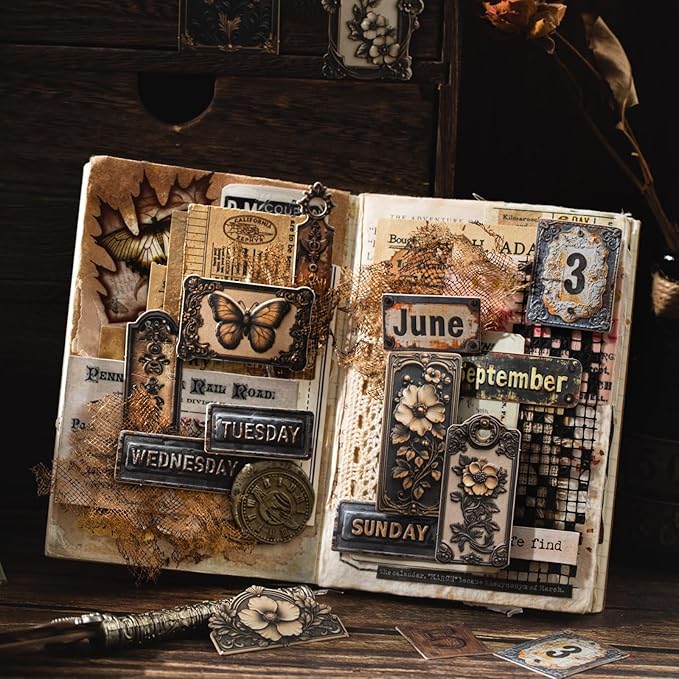 AuriicLeaf Metal Imprint Stickers Set – 120PCS Vintage Faux Embossed Label Stickers Featuring Writable Self-Adhesive Tags for Scrapbook Junk Journal DIY Crafts