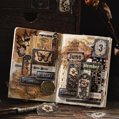 AuriicLeaf Metal Imprint Stickers Set – 120PCS Vintage Faux Embossed Label Stickers Featuring Writable Self-Adhesive Tags for Scrapbook Junk Journal DIY Crafts