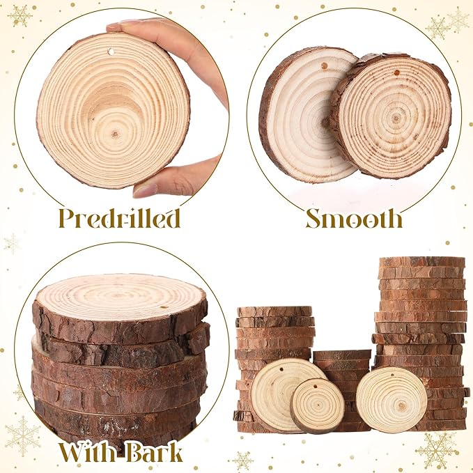 Gerrii 120 Pcs Natural Wooden Slices 2-4 Inch Wooden Christmas Ornament Embellishments Craft with Bows Beads Bells DIY Creative Handmade for Christmas Ornaments Holiday Hanging Decorations