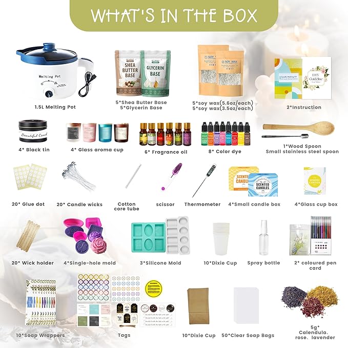 PIUH Deluxe DIY 2-in-1 Candle & Soap Making Supplies Kit with Wax Soap Melter and Candle Making Supplies for Adults Beginners, Complete Candle Soap Making Craft Kits with Melting Pot and Supplies