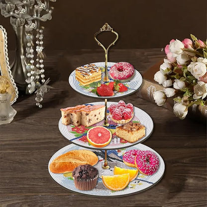 Three-Tier Diamond Painting Wooden Cake Stand DIY Sunflower Diamond Painting Cupcake Towel-Lined Tiered Tray Reusable Pastry Stand (Little Bird)