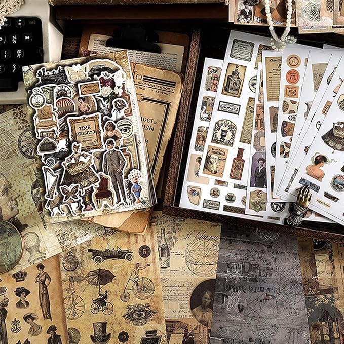 Prstincol Vintage Aesthetic Washi Stickers and Papers for Scrapbooking, 40 Sheets Ephemera Book for Art Journaling with Retro Nostalgic Theme Stickers and Decoupage Papers for Junk Journal