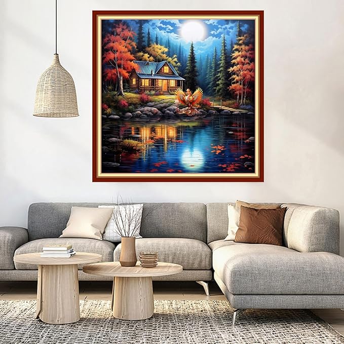 DMCVIVR Stamped Cross Stitch Kits for Beginners Adults Needlepoint Kits for Beginners Embroidery Kits for Adults Crossstitch Kit for Beginners 11CT-Night View by The Lake 18x18 inch