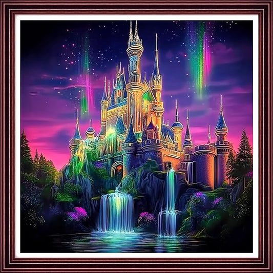 DMCCRAFT Stamped Cross Stitch Kits for Adults 11CT Printed Cross-Stitch Patterns Embroidery Kits Easy Cross Stitching Needlepoint Kits Crossstitch-Aurora Colorful Castle 18x18 inch