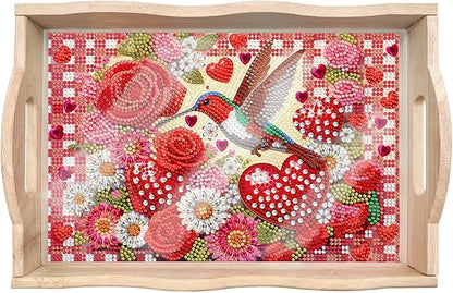DIY Diamond Art Wooden Tray Kit, Food Tray with Handle Diamond Painted Table Decoration, for Breakfast, Bar, Dinner Table Diamond Dots Gem Painting Art Set for Beginners (#04-Love Hummingbird)
