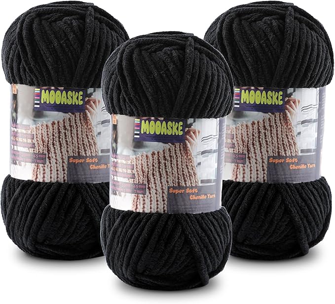 Baby Blanket Yarn for Crocheting - Soft Velvet Fluffy Chenille Yarn for Knitting Amigurumi Making Scarves, Doll - 100g/3.5oz 131 Yards Thick Plush Yarns (3, Black)