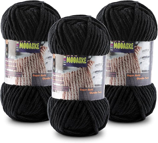 Baby Blanket Yarn for Crocheting - Soft Velvet Fluffy Chenille Yarn for Knitting Amigurumi Making Scarves, Doll - 100g/3.5oz 131 Yards Thick Plush Yarns (3, Black)