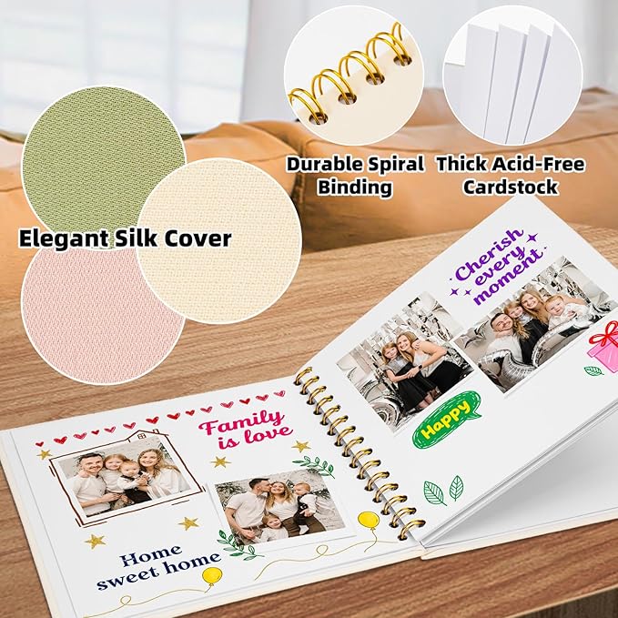 Vienrose 10 x 10 Inch Scrapbook Photo Album, Linen Hardcover Photo Book with 40 White Pages, DIY Memory Book Kit with Accessories for Wedding, Baby Shower, Travel, Christmas (Beige, 20 Sheets)