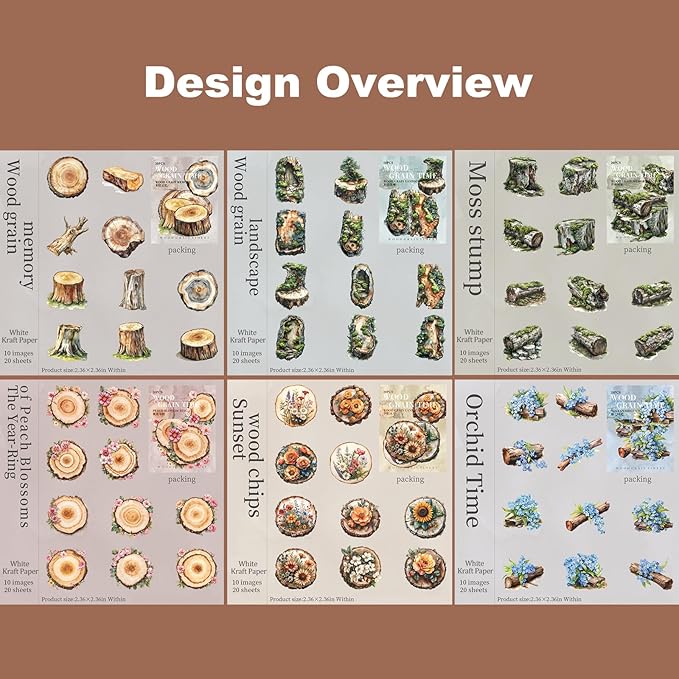 AuriicLeaf Nature Wood Slice Sticker Set, 120PCS Vintage Designs with Flowers, Moss, Logs and Botanical Elements for Journaling, Scrapbooking and Crafts