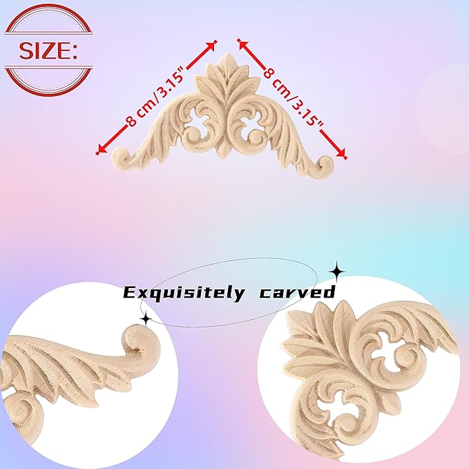 4PCS Corner Wooden Carving Decal Unpainted Wood Appliques Onlays DIY Wood Carved Furniture Appliques Onlays for Wall Bed Door Wardrobe Cabinet Furniture Decoration(07,8x8cm/3.15x3.15inch)