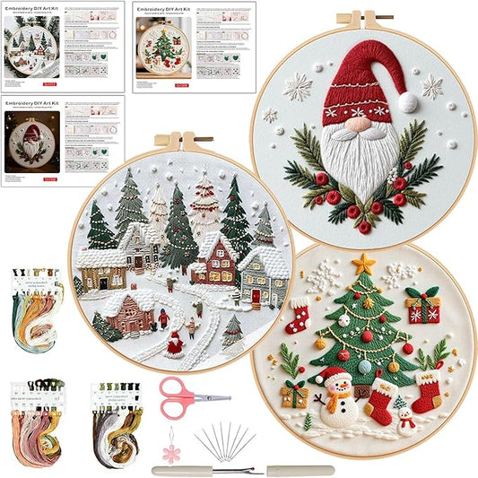 Ohcol 3 Sets Christmas Embroidery Kit,Cross Stitch Kits for Beginners,Needlepoint Kits for Adults with Easy Floral Pattern Hand Crafts,Hoop,Needle
