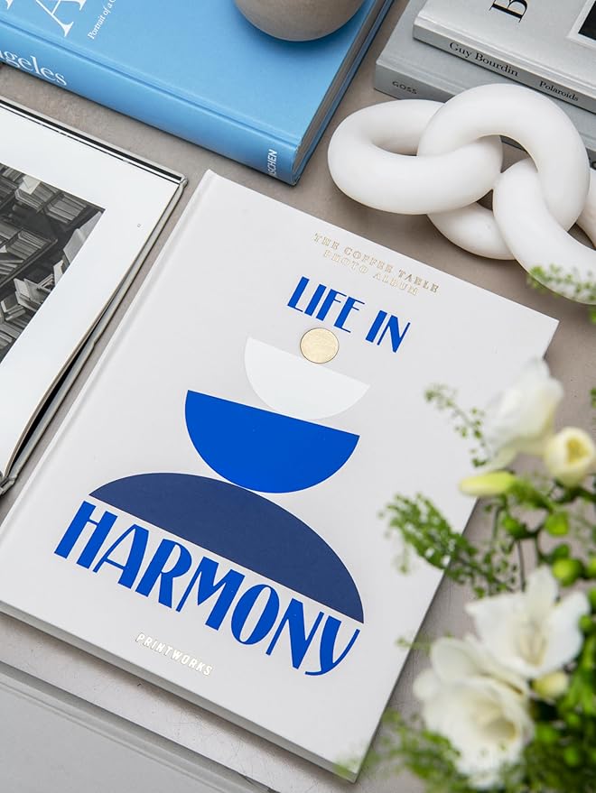 Printworks Life in Harmony – Elegant Beige & Blue Coffee Table Photo Book – Large Picture Album with 30 Pages, Writing Space & Expandable Design – Fits 4x6 Photos