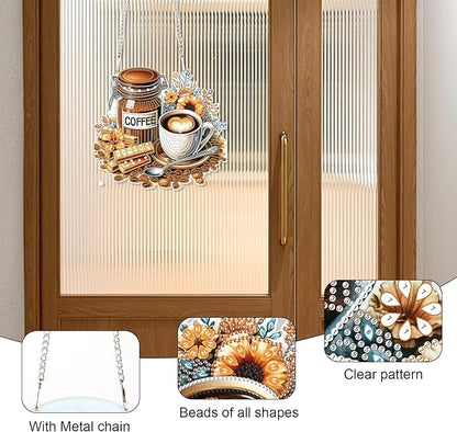Diamond Art Painting Pendant Kits with Hanging Chain 5D Diamond Art Hanging Kit DIY Diamond Crystal Window Door Hanging Pendant Kit for Adults Gift Wall Home Christmas Decoration 25.2x23.3 cm, Coffee