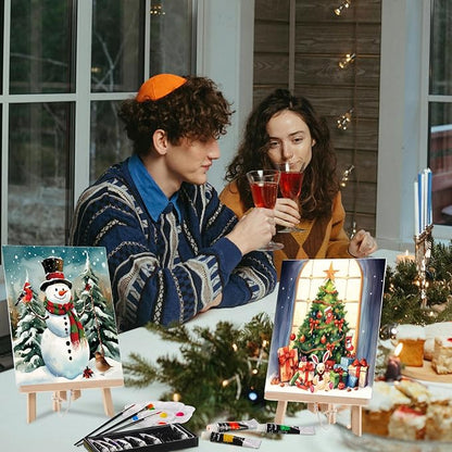 Cholemy 36 Pcs Valentine Paint and Sip Kit for Adults 8''x10'' Pre Drawn Canvas for Painting DIY Afro Acrylic Painting Kit Wood Easel Brushes Date Night Bulk for Party Gifts(Christmas A)