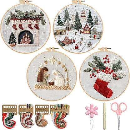 TPZBWG Christmas Embroidery Kit, 4 Pack Cross Stitch Kits,DIY Embroidery Starter Kit for Adults & Beginners, DIY Needlepoint Kit with Embroidery Hoop Thread Needle for Craft Lover Birthday Gifts 2