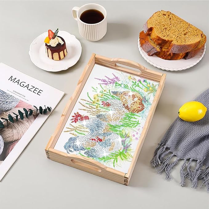 DIY Diamond Art Wooden Tray Kit, Food Tray with Handle Diamond Painted Table Decoration Tray, for Breakfast, Bar Dinner Table Diamond Dots Gem Painting Art Set for Beginners-#25-Chicken