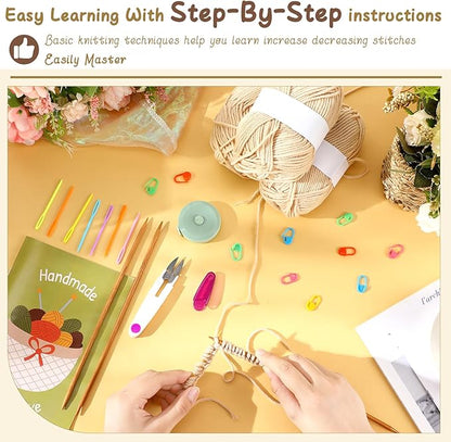 GliCraft Knitting Kit for Beginners Learn to Knit Kit for Adults Gloves Starter Bundle with Step-by-Step Instructions Includes Wool Yarn, Needles & Accessories(Beige)