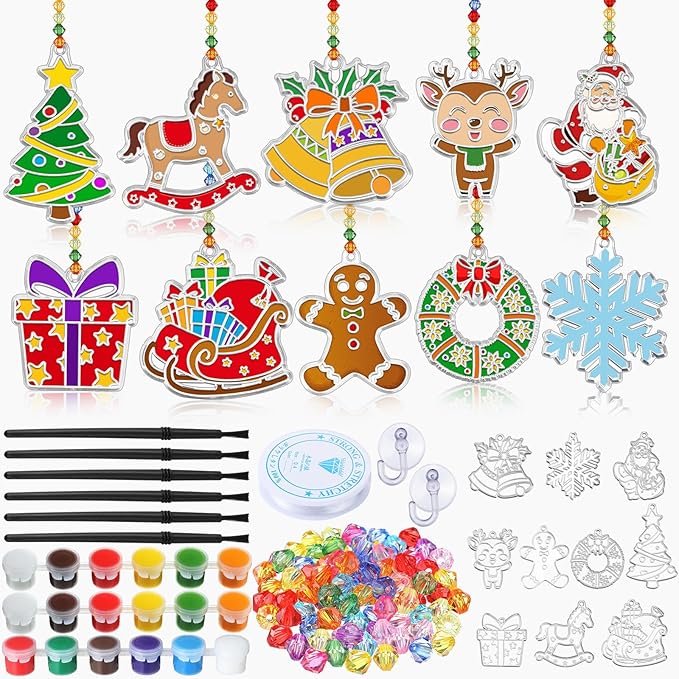 WinnerWhy 30 Sets Christmas Suncatchers Window Art Kits Xmas Santa Claus DIY Sun Catchers Crafts Bulk Paint Your Own Window Ornaments for Party Birthday Activity Home Decor