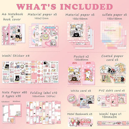 Draupnir Kawaii Pink Cute Cat Scrapbook Kit, Bullet Junk Journal Kit with Journaling/Scrapbooking Supplies, Stationery, A6 Grid Notebook Graph Ruled Pages.DIY Gift for Teen Girl Kid Women.