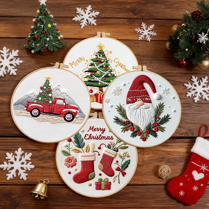 TPZBWG Christmas Embroidery Kit, 4 Pack Cross Stitch Kits,DIY Embroidery Starter Kit for Adults & Beginners, DIY Needlepoint Kit with Embroidery Hoop Thread Needle for Craft Lover Birthday Gifts 1