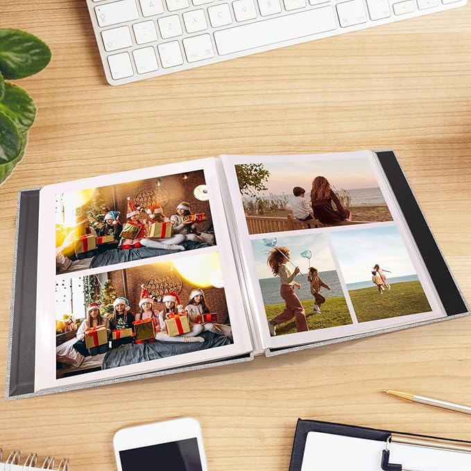 Aenbuslm Photo Album Self Adhesive Pages for 4x6 5x7 8x10 Pictures Scrapbook Magnetic Photo Albums with Sticky Pages Books with A Metallic Pen for Baby Wedding Family 11x10.6 Grey 60 Pages