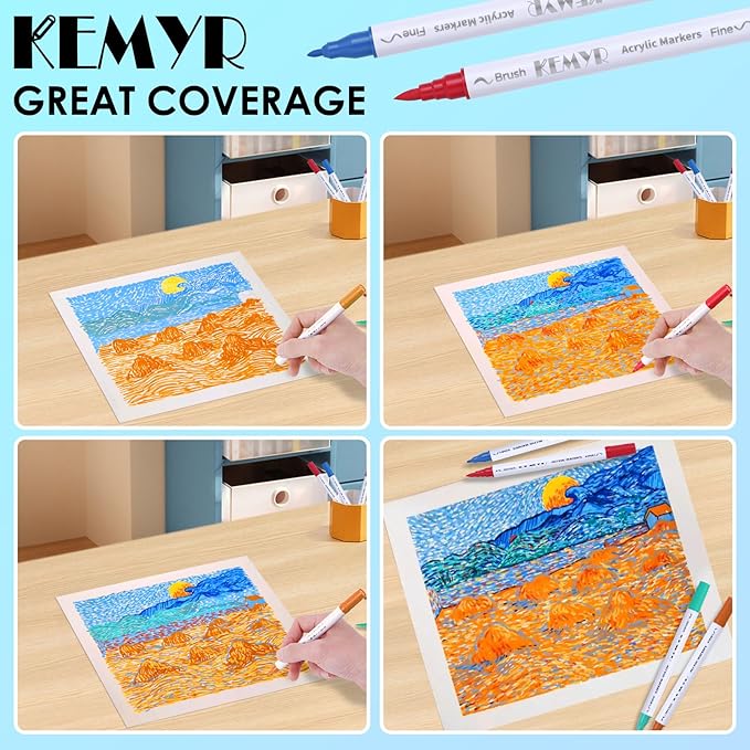 KEMYR 120 Colors Brush & Fine Tip Acrylic Paint Pens, Dual Tip Acrylic Paint Markers for Paper, Wood, Canvas, Stone, Rock, Glass, Fabric, DIY, Ceramic, Art Supplies for Adults Drawing