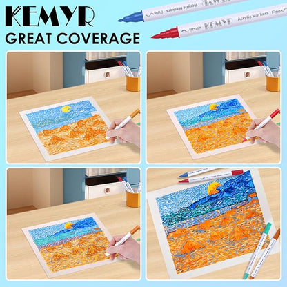 KEMYR 120 Colors Brush & Fine Tip Acrylic Paint Pens, Dual Tip Acrylic Paint Markers for Paper, Wood, Canvas, Stone, Rock, Glass, Fabric, DIY, Ceramic, Art Supplies for Adults Drawing