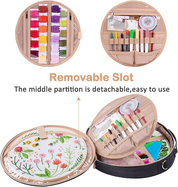 | Round Embroidery Bag(Empty) - Embroidery Storage Bag -Cross Stitch Supplies Organizer with Multiple Pockets for Embroidery Kits, Cross Stitch Suppliers, Embroidery Floss (Bag Only)